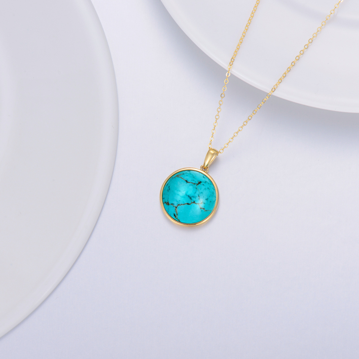 10K Gold Circular Shaped Turquoise Pendant Necklace-3