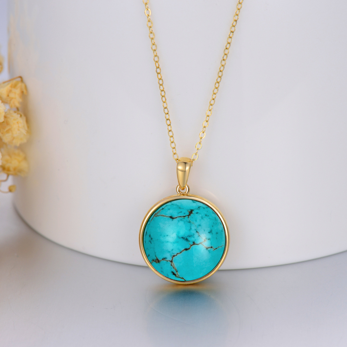 10K Gold Circular Shaped Turquoise Pendant Necklace-4