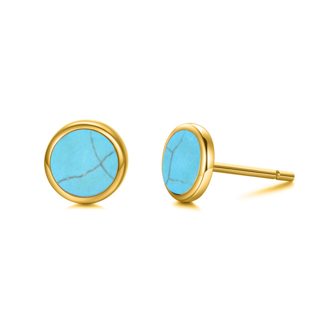 14K Gold Circular Shaped Turquoise Round Stud Earrings-1