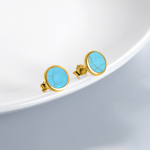 14K Gold Circular Shaped Turquoise Round Stud Earrings-2