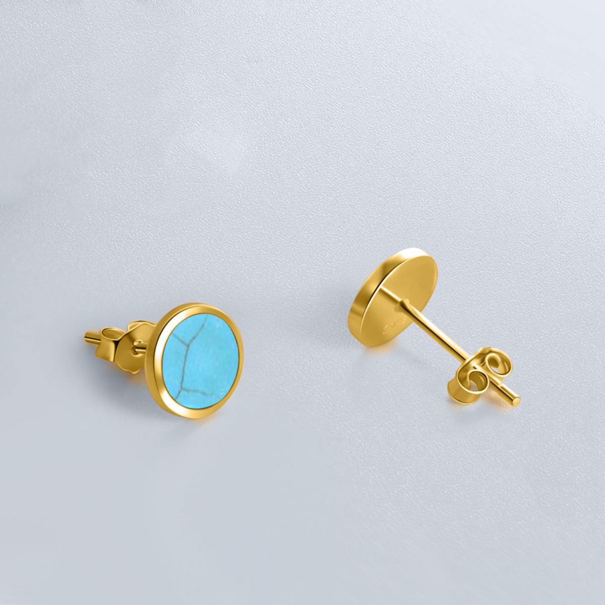 14K Gold Circular Shaped Turquoise Round Stud Earrings-3