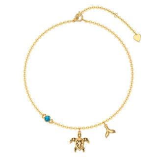 14K Gold Circular Shaped Turquoise Sea Turtle Single Layer Anklet-3