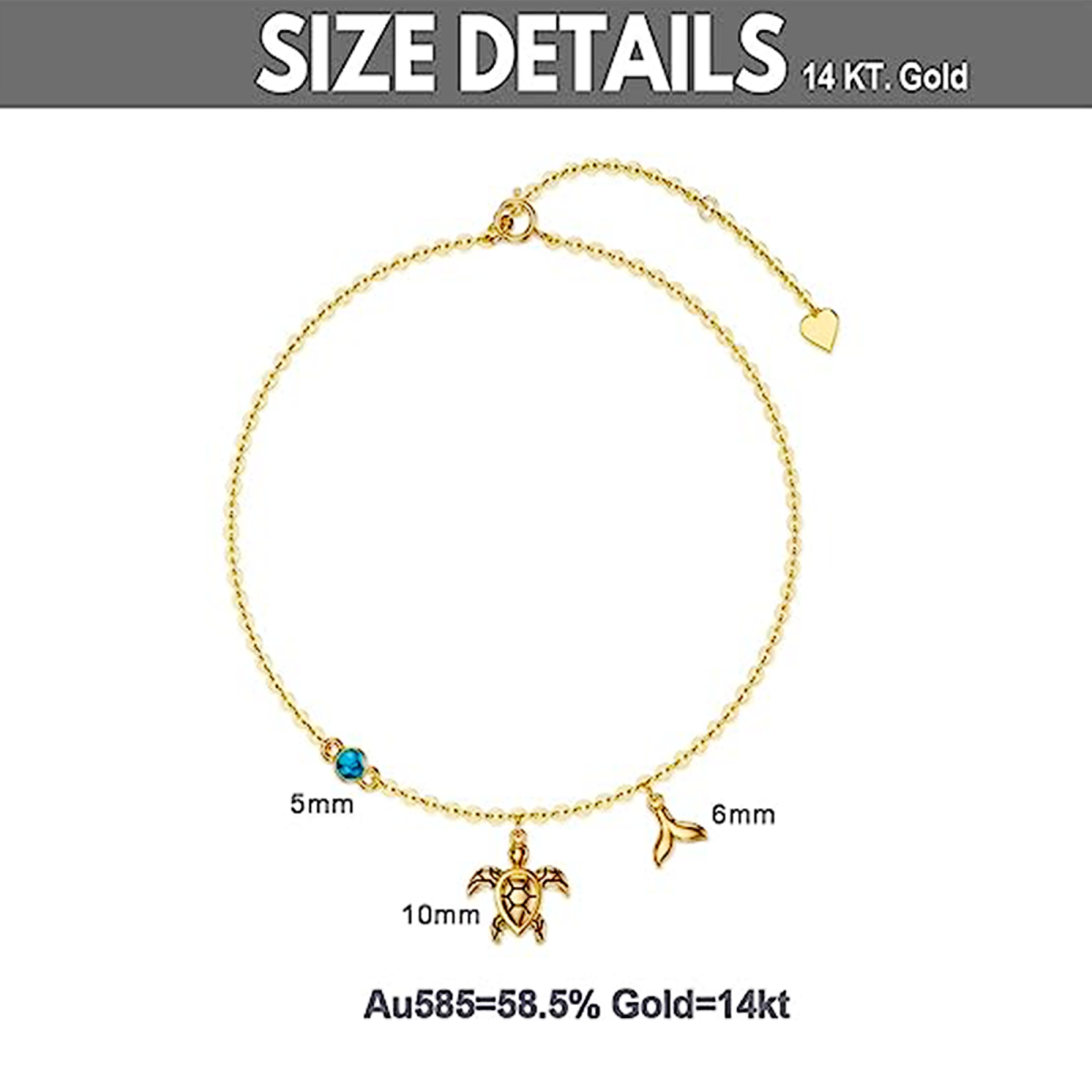 10K Gold Circular Shaped Turquoise Sea Turtle Single Layer Anklet-5