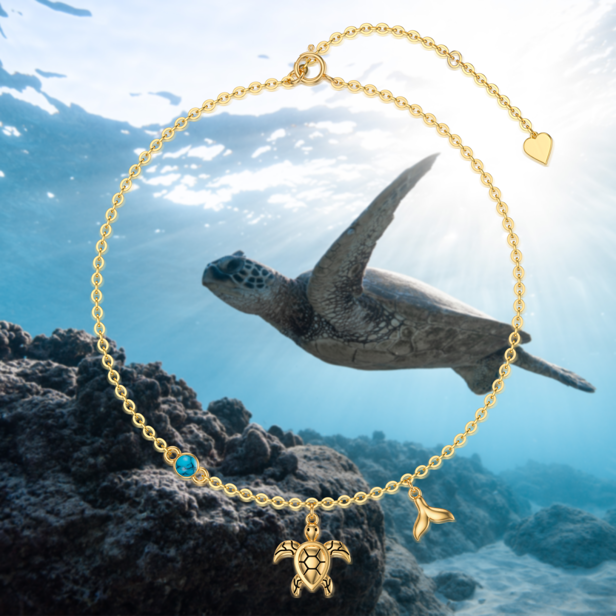 14K Gold Circular Shaped Turquoise Sea Turtle Single Layer Anklet-6