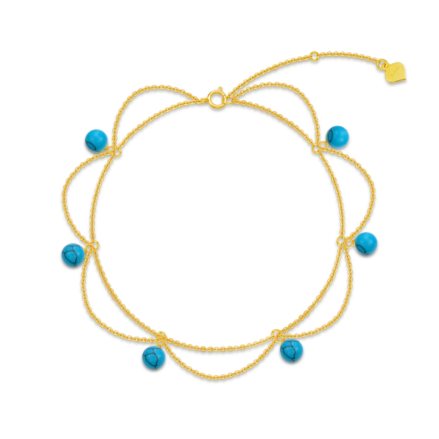 Bracelet de cheville multicouche en or 14 carats avec turquoise de forme circulaire et fleurs sauvages