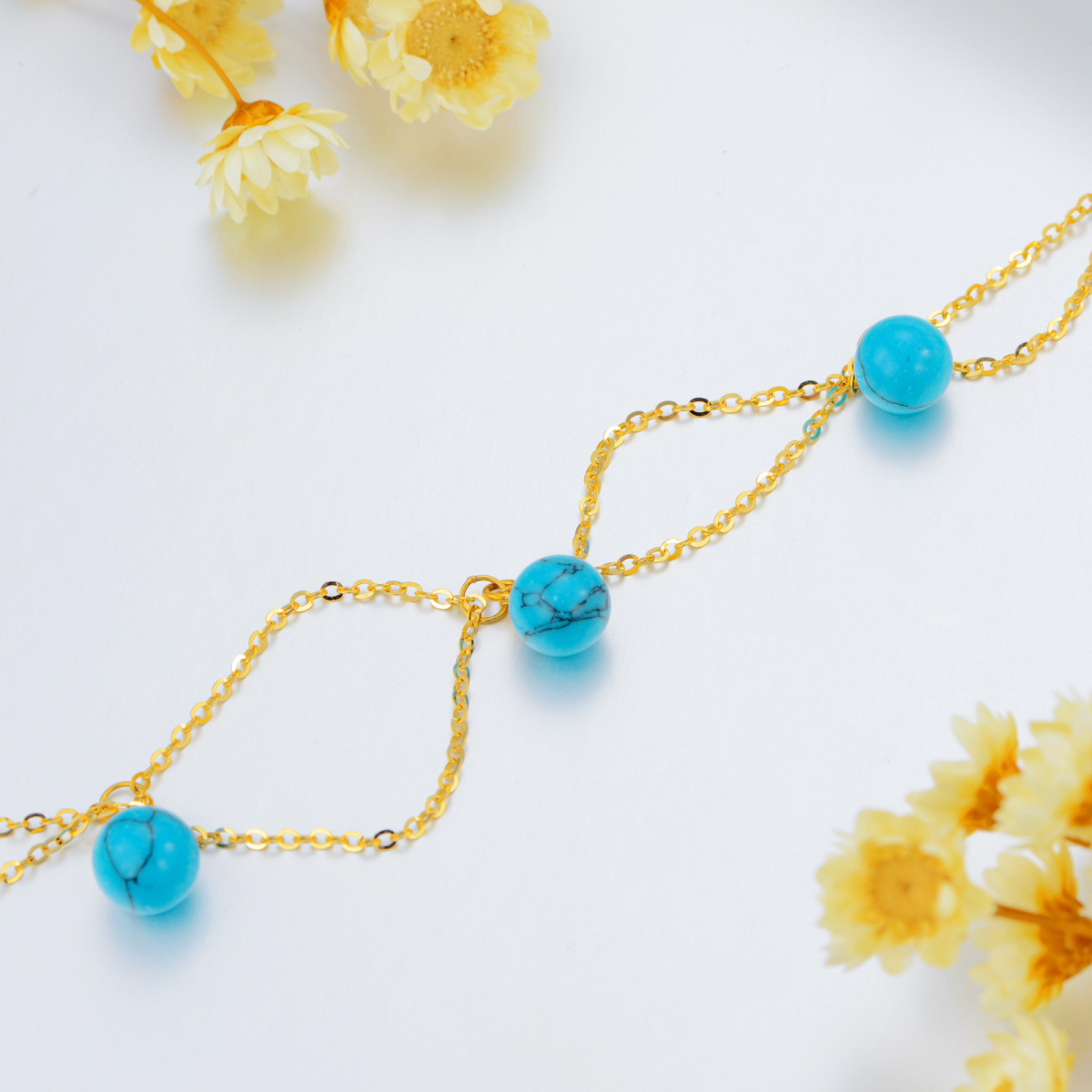 14K gouden cirkelvormige turquoise wilde bloemen meerlaagse enkelband-4