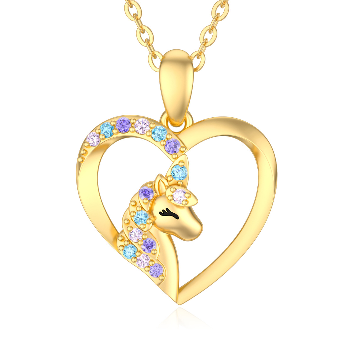 10K Gold Circular Shaped Cubic Zirconia Unicorn Pendant Necklace-1