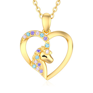 10K Gold Circular Shaped Cubic Zirconia Unicorn Pendant Necklace-5