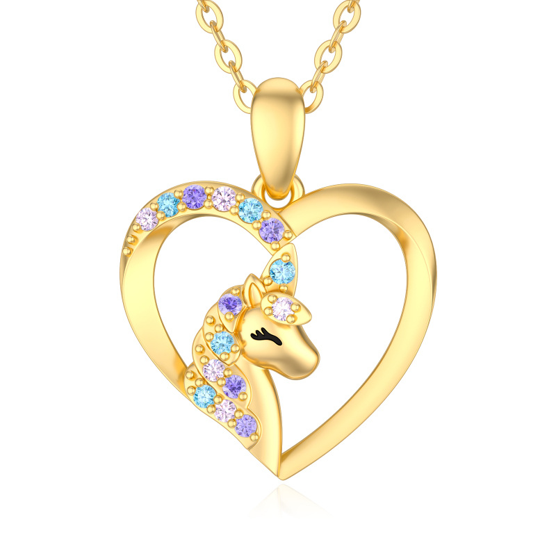 10K Gold Circular Shaped Cubic Zirconia Unicorn Pendant Necklace-9
