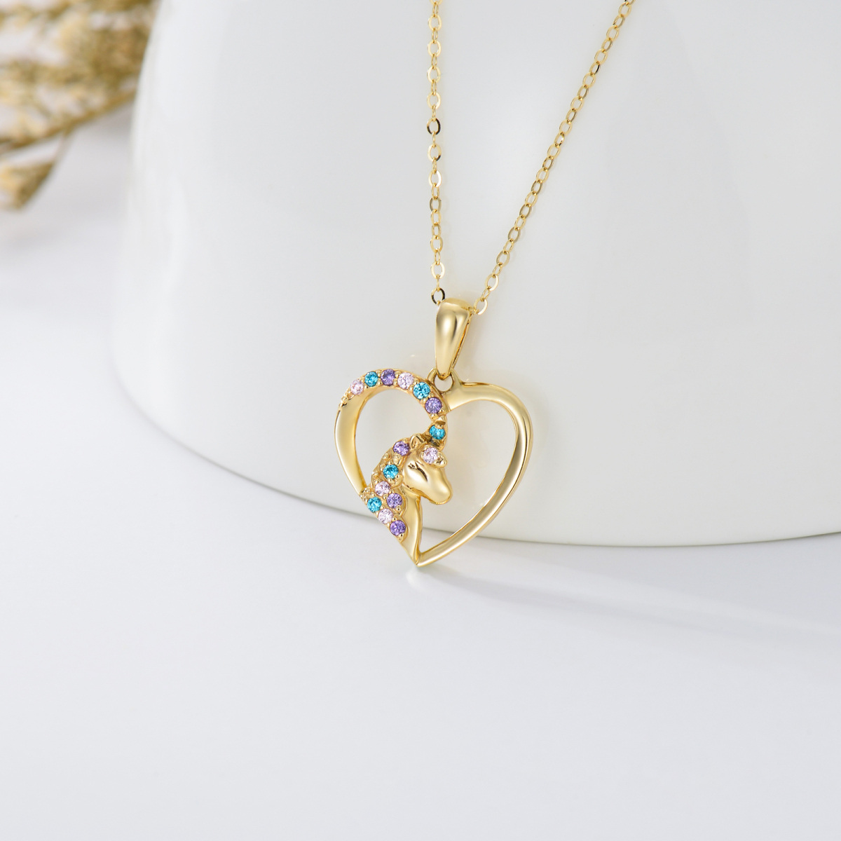 10K Gold Circular Shaped Cubic Zirconia Unicorn Pendant Necklace-2