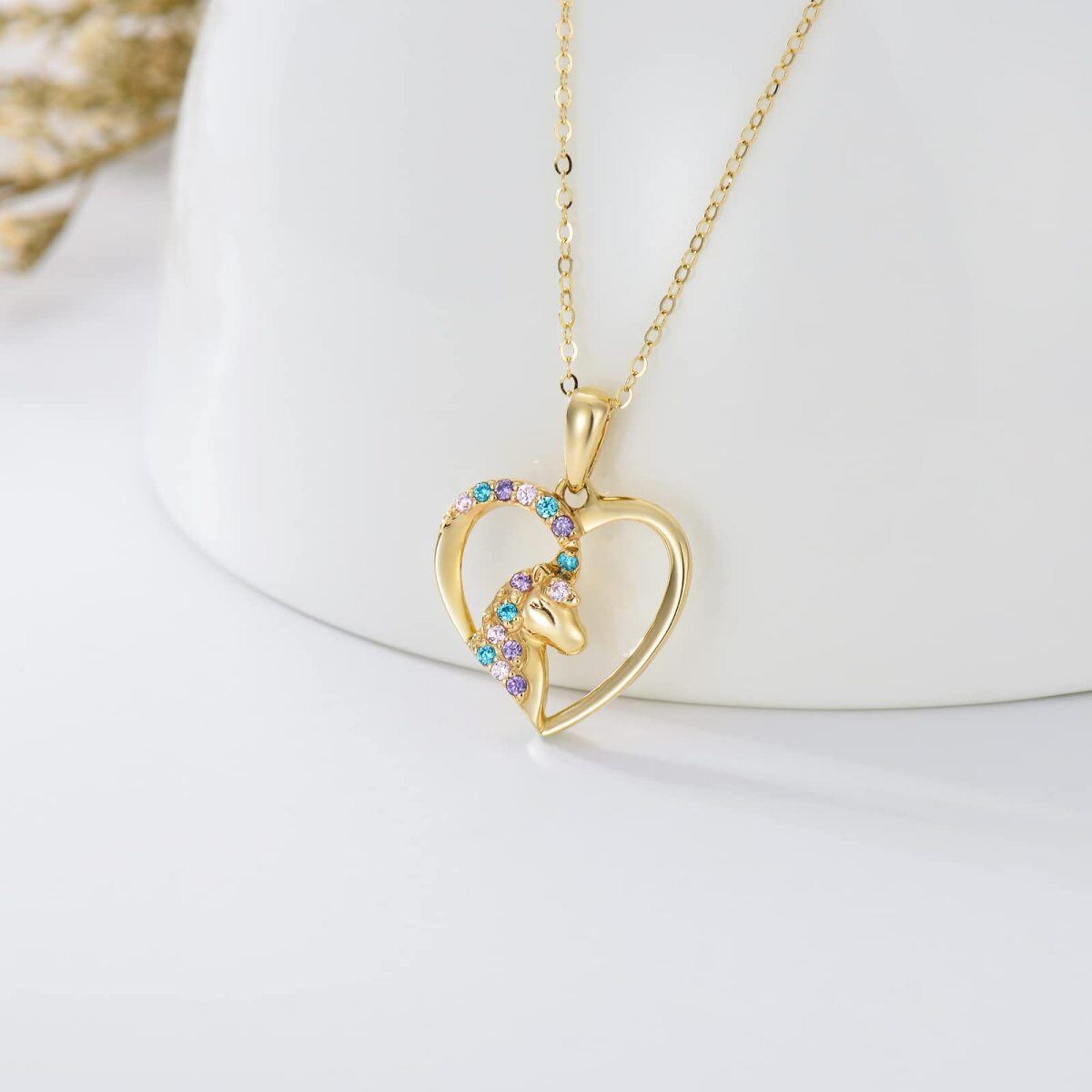 10K Gold Circular Shaped Cubic Zirconia Unicorn Pendant Necklace-3