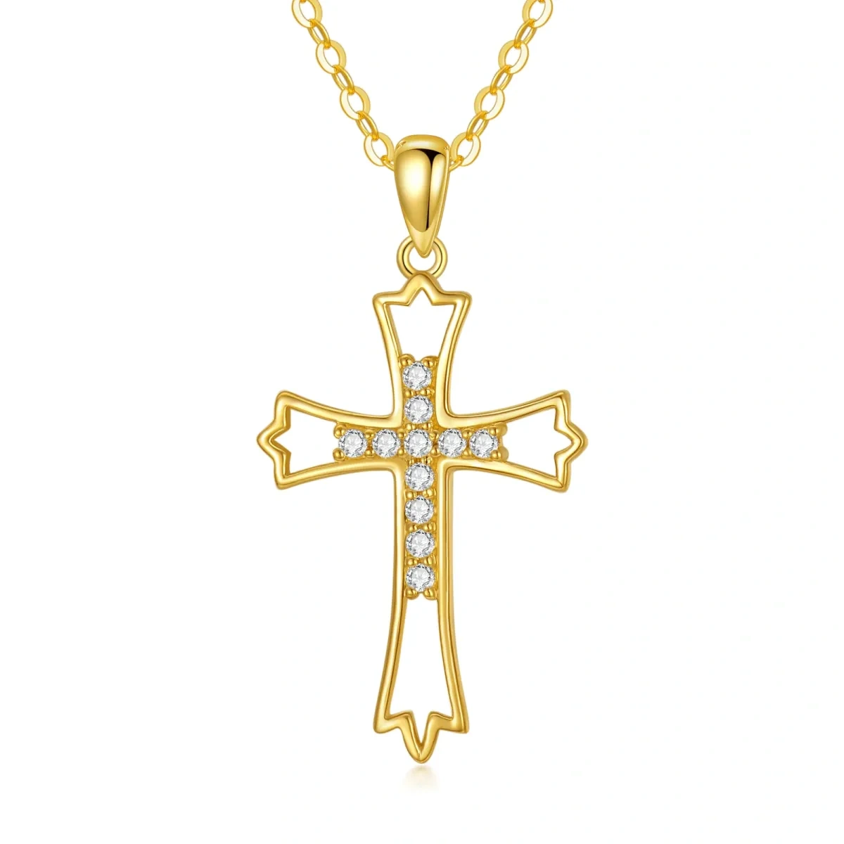 14K Gold Circular Shaped Zircon Cross & Filigree Pendant Necklace-1