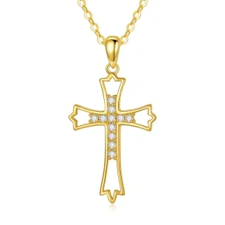 10K Gold Circular Shaped Zircon Cross & Filigree Pendant Necklace-2