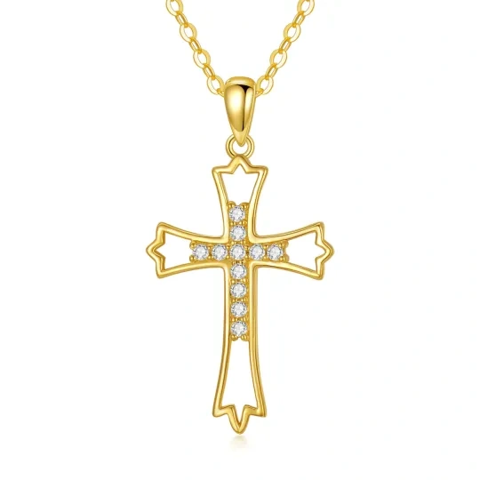 14K Gold Circular Shaped Zircon Cross & Filigree Pendant Necklace