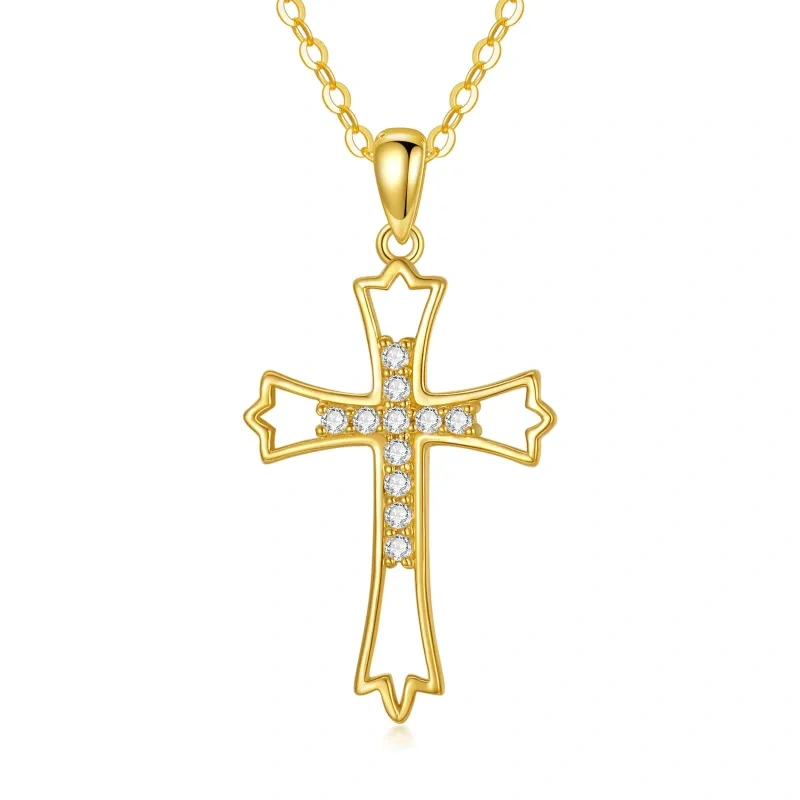 10K Gold Circular Shaped Zircon Cross & Filigree Pendant Necklace-19