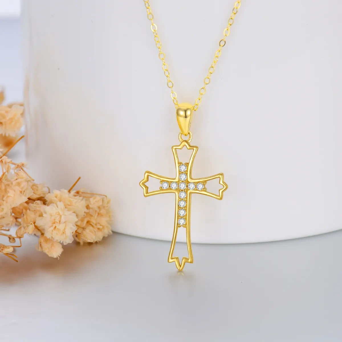 14K Gold Circular Shaped Zircon Cross & Filigree Pendant Necklace-3