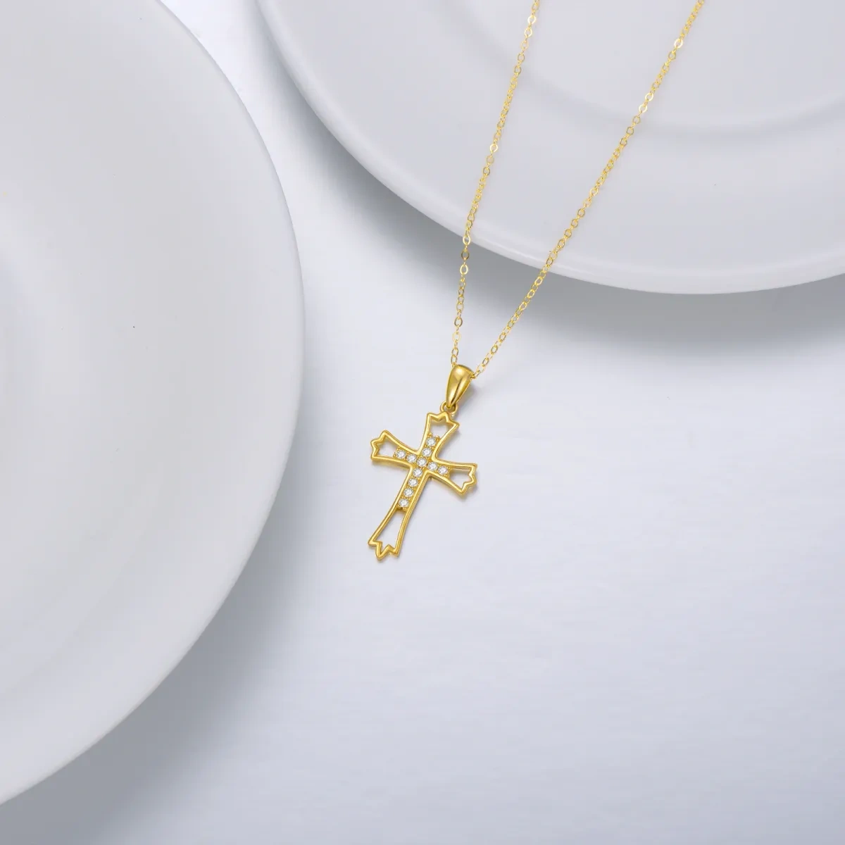 14K Gold kreisförmig Zirkon Kreuz & Filigran Anhänger Halskette-4