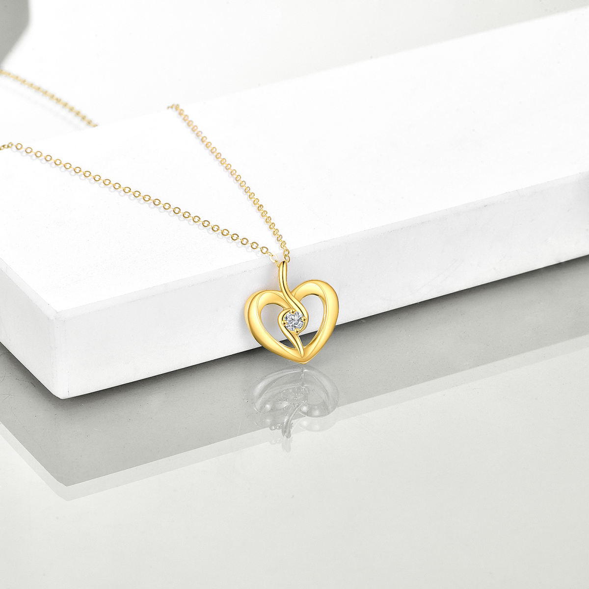 10K Gold Circular Shaped Zircon Heart Pendant Necklace-4