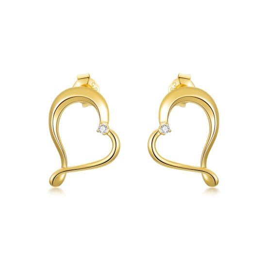 14K Gold Circular Shaped Zircon Heart Stud Earrings