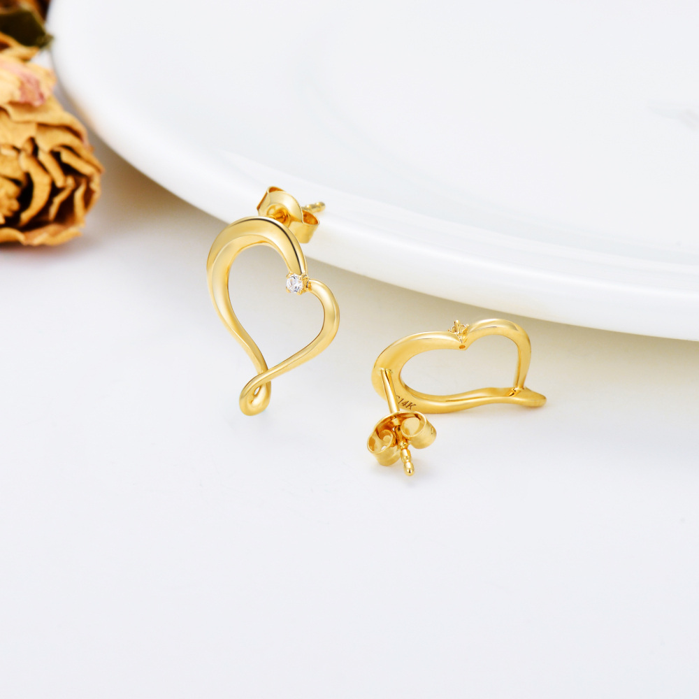 10K Gold Circular Shaped Zircon Heart Stud Earrings-4
