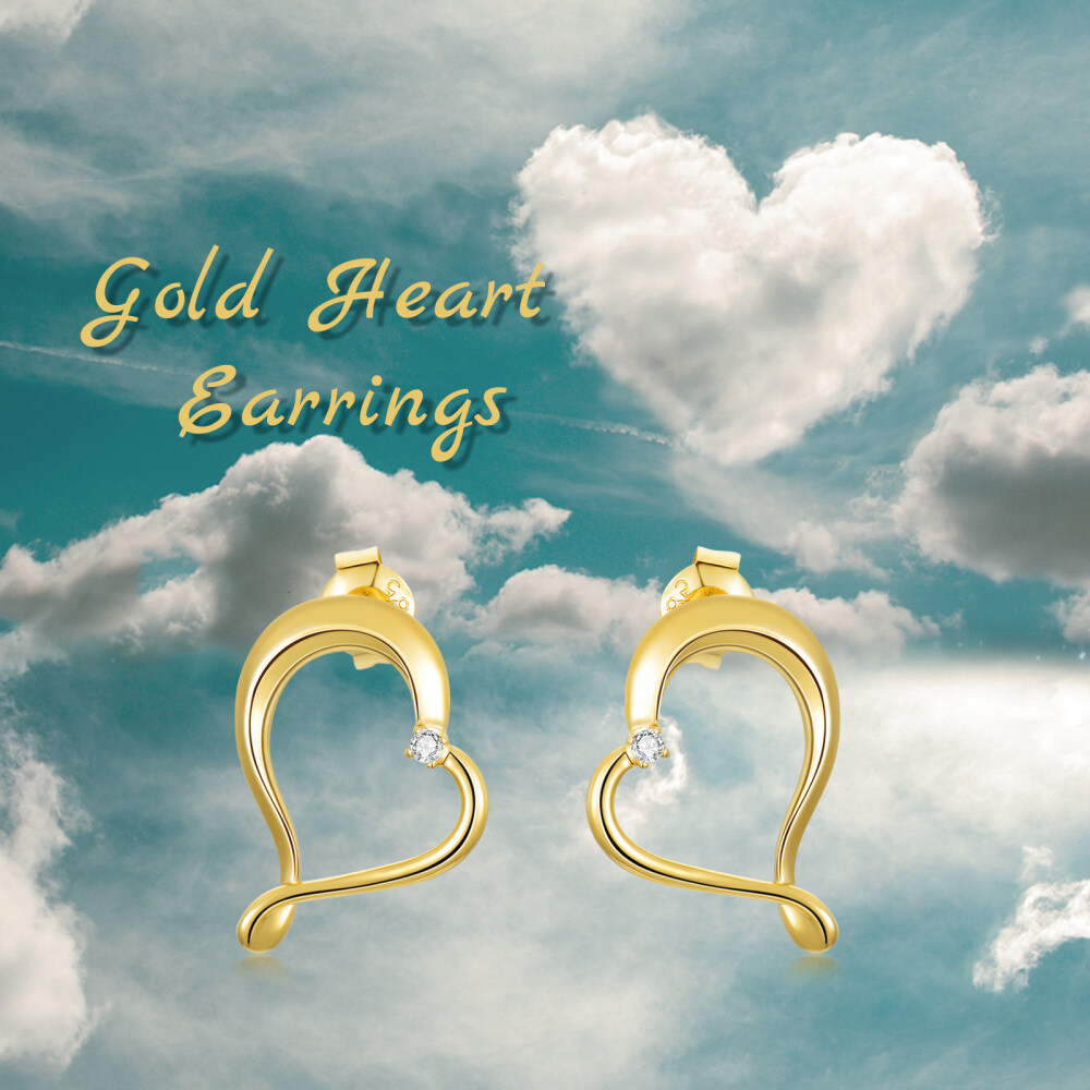 10K Gold Circular Shaped Zircon Heart Stud Earrings-6