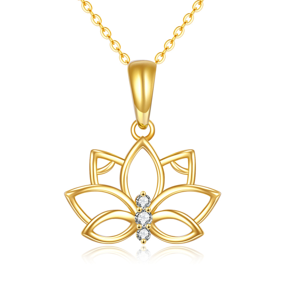 10K Gold Circular Shaped Zircon Lotus Pendant Necklace-1