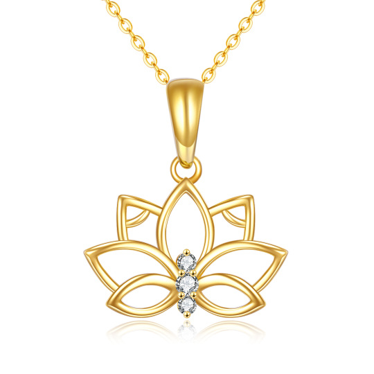 14K Gold Circular Shaped Zircon Lotus Pendant Necklace