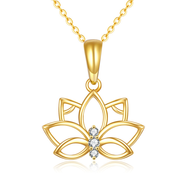 14K Gold Circular Shaped Zircon Lotus Pendant Necklace-4