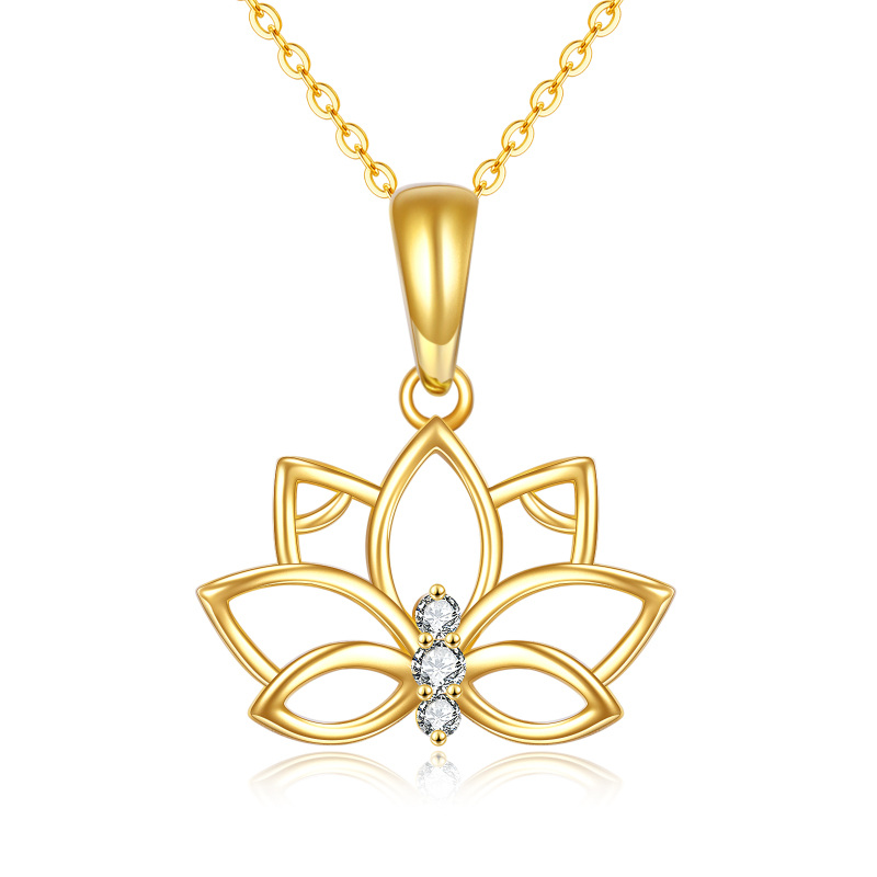10K Gold Circular Shaped Zircon Lotus Pendant Necklace-6