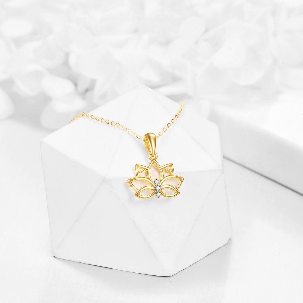 10K Gold Circular Shaped Zircon Lotus Pendant Necklace-3