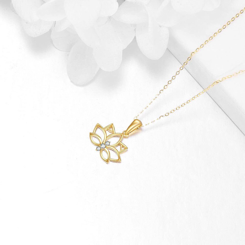 10K Gold Circular Shaped Zircon Lotus Pendant Necklace-4