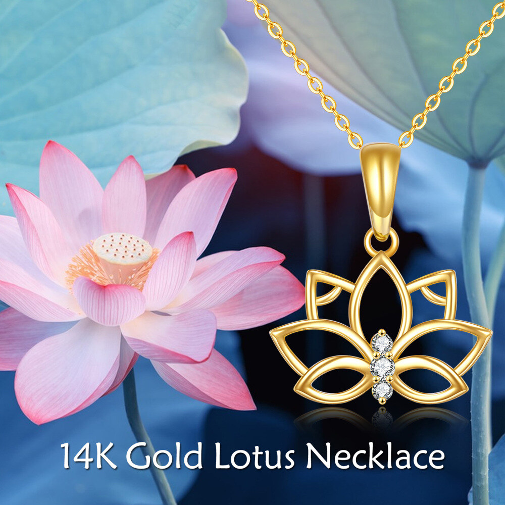 10K Gold Circular Shaped Zircon Lotus Pendant Necklace-6