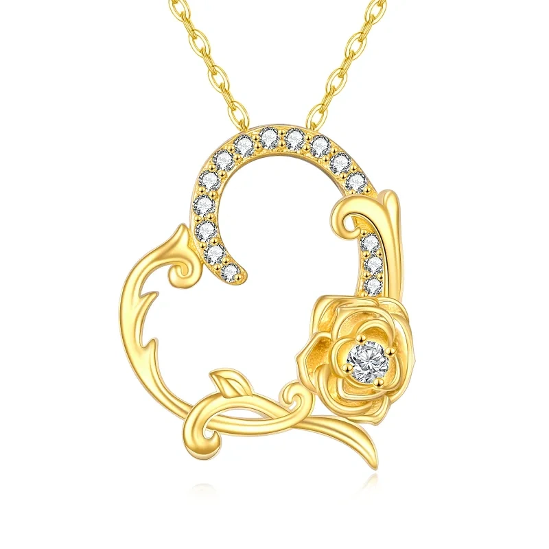 10K Gold Circular Shaped Zircon Rose & Heart Pendant Necklace-8