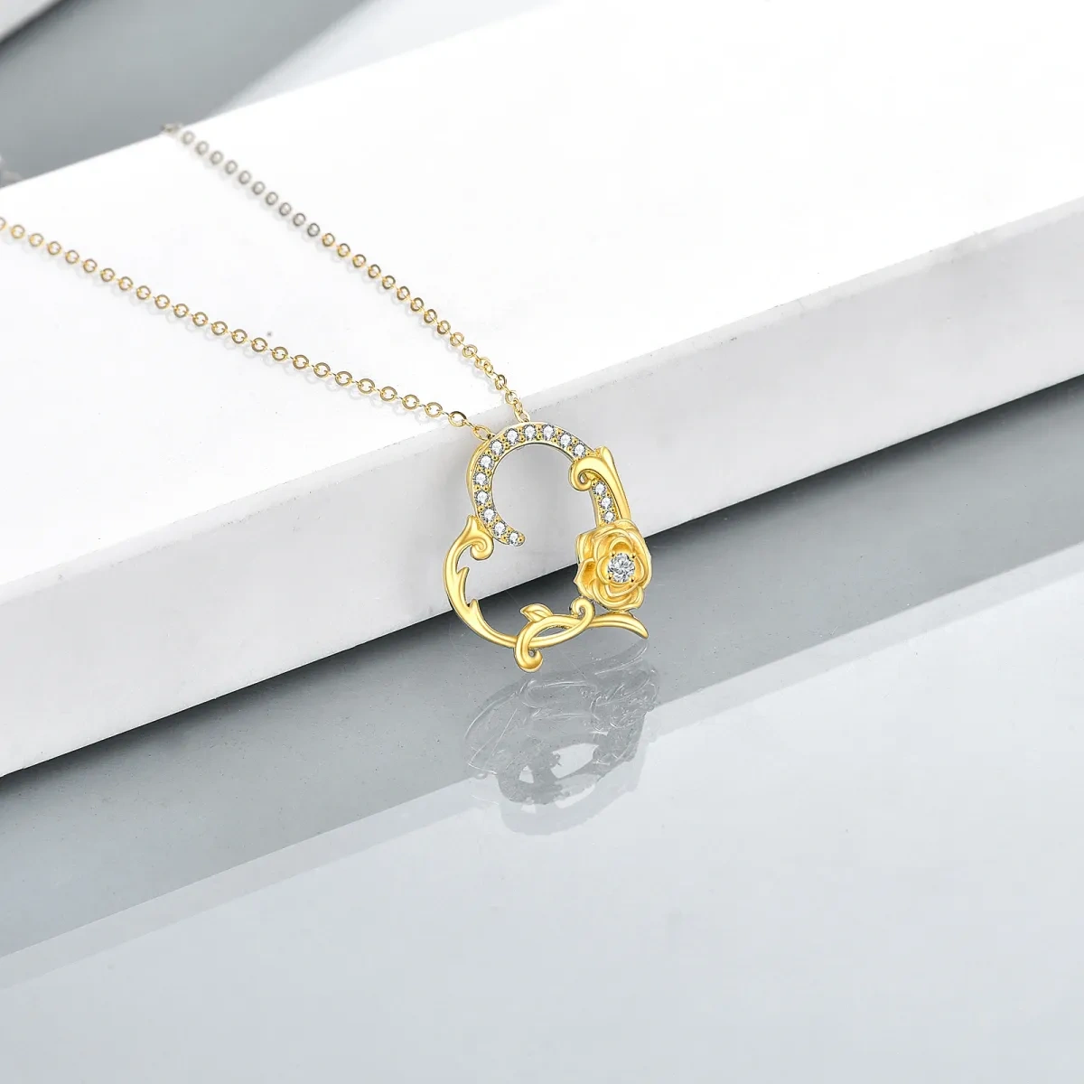 14K Gold kreisförmig Zirkon Rose & Herz Anhänger Halskette-4