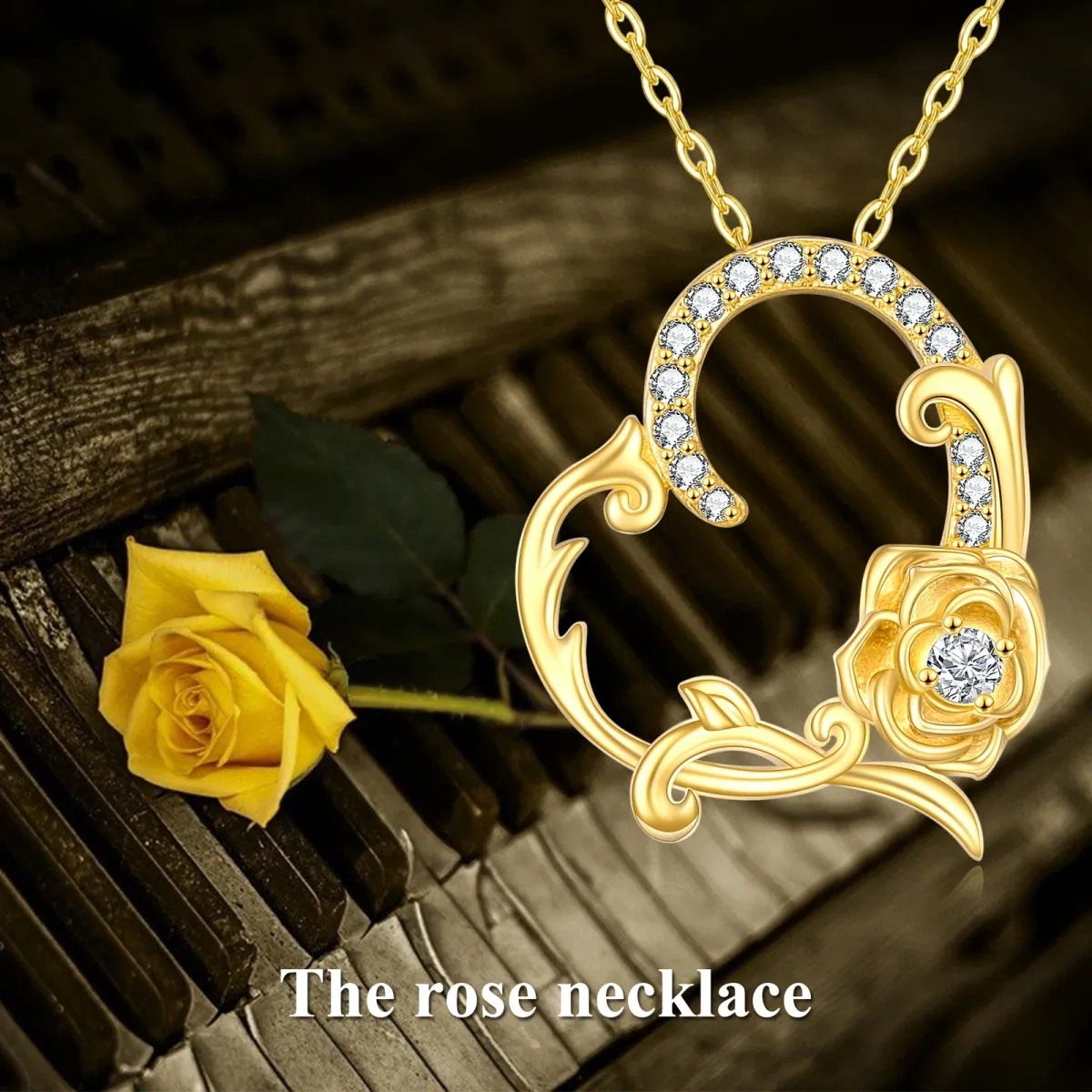 Collier en or 14K avec pendentif rose et coeur en zircon de forme circulaire-6