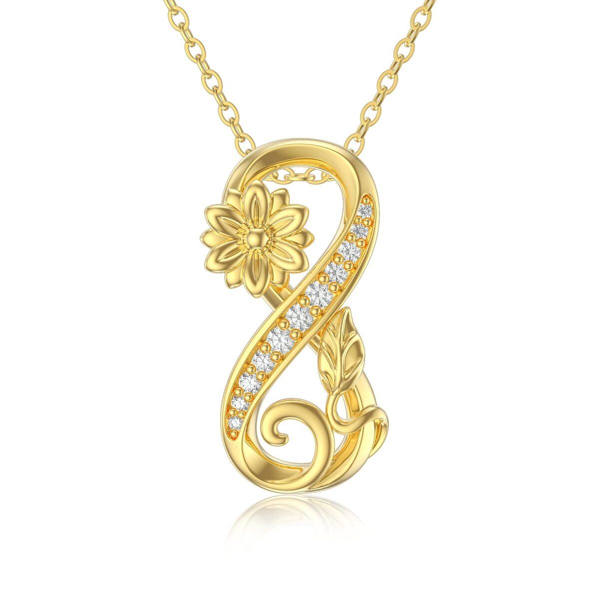 10K Gold Circular Shaped Zircon Sunflower & Infinity Symbol Pendant Necklace-1