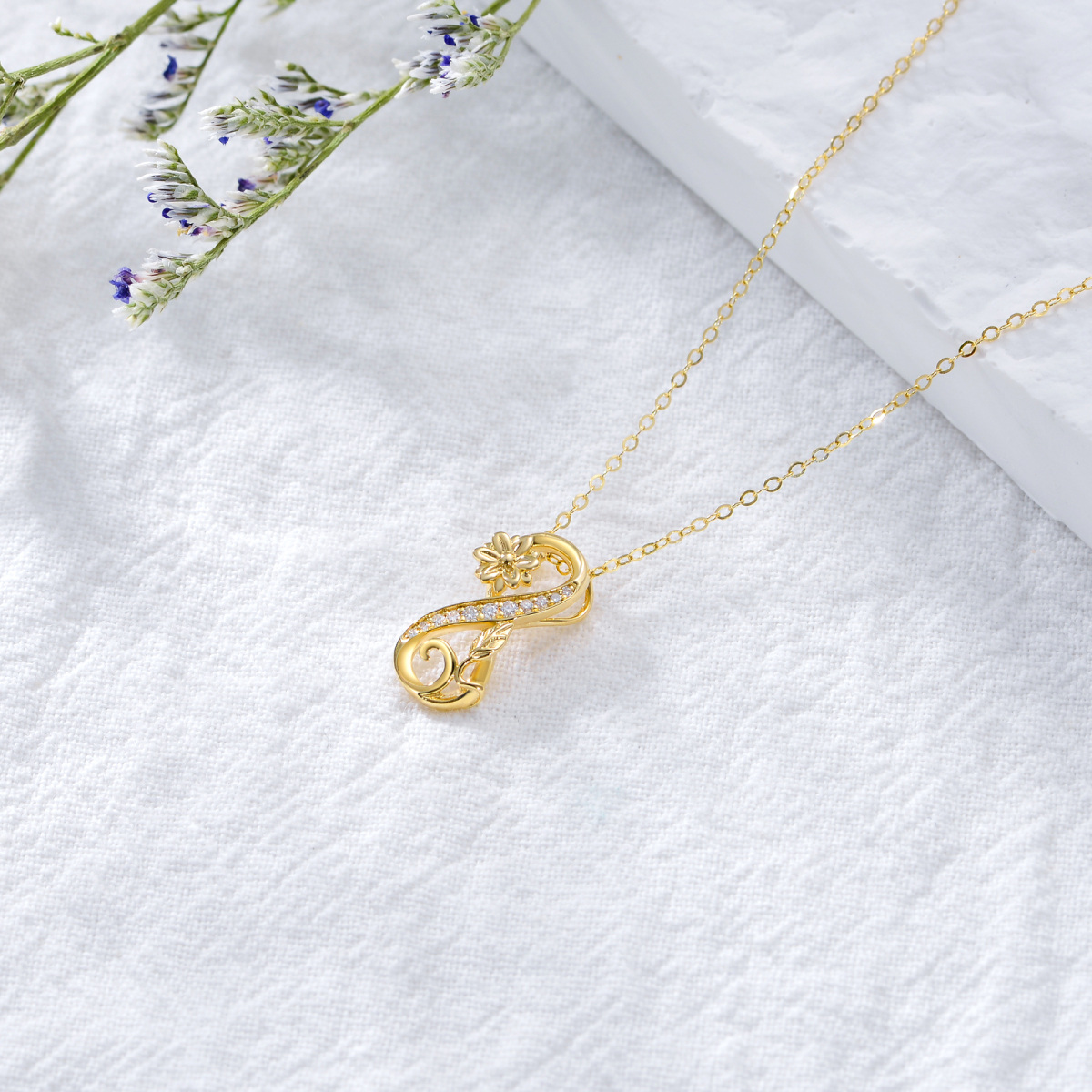 10K Gold Circular Shaped Zircon Sunflower & Infinity Symbol Pendant Necklace-3