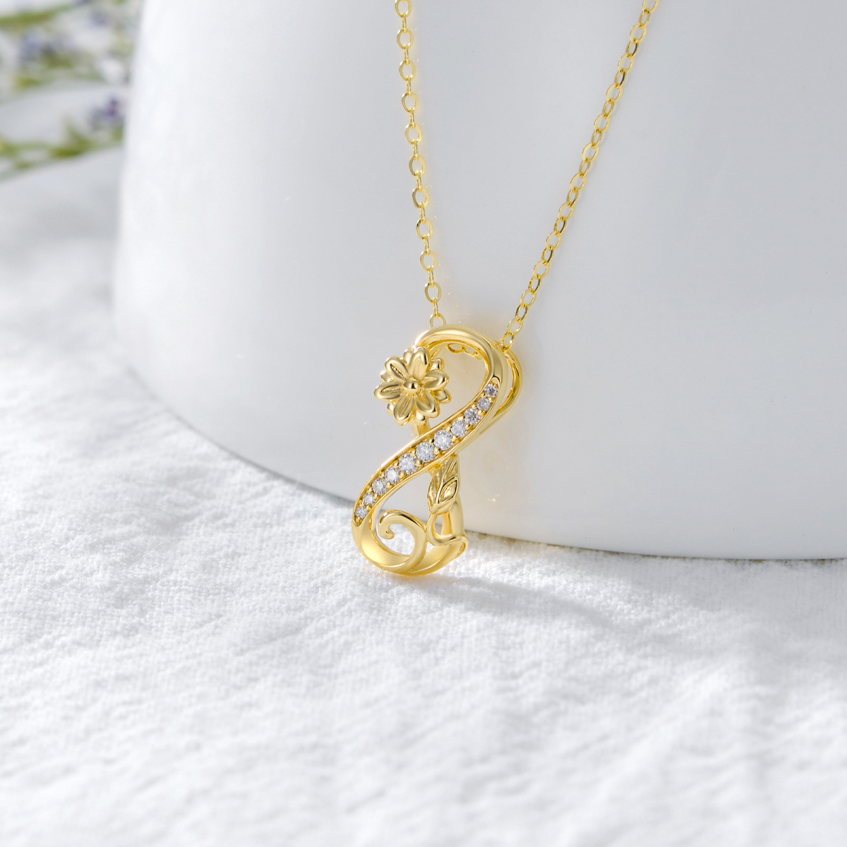 10K Gold Circular Shaped Zircon Sunflower & Infinity Symbol Pendant Necklace-4