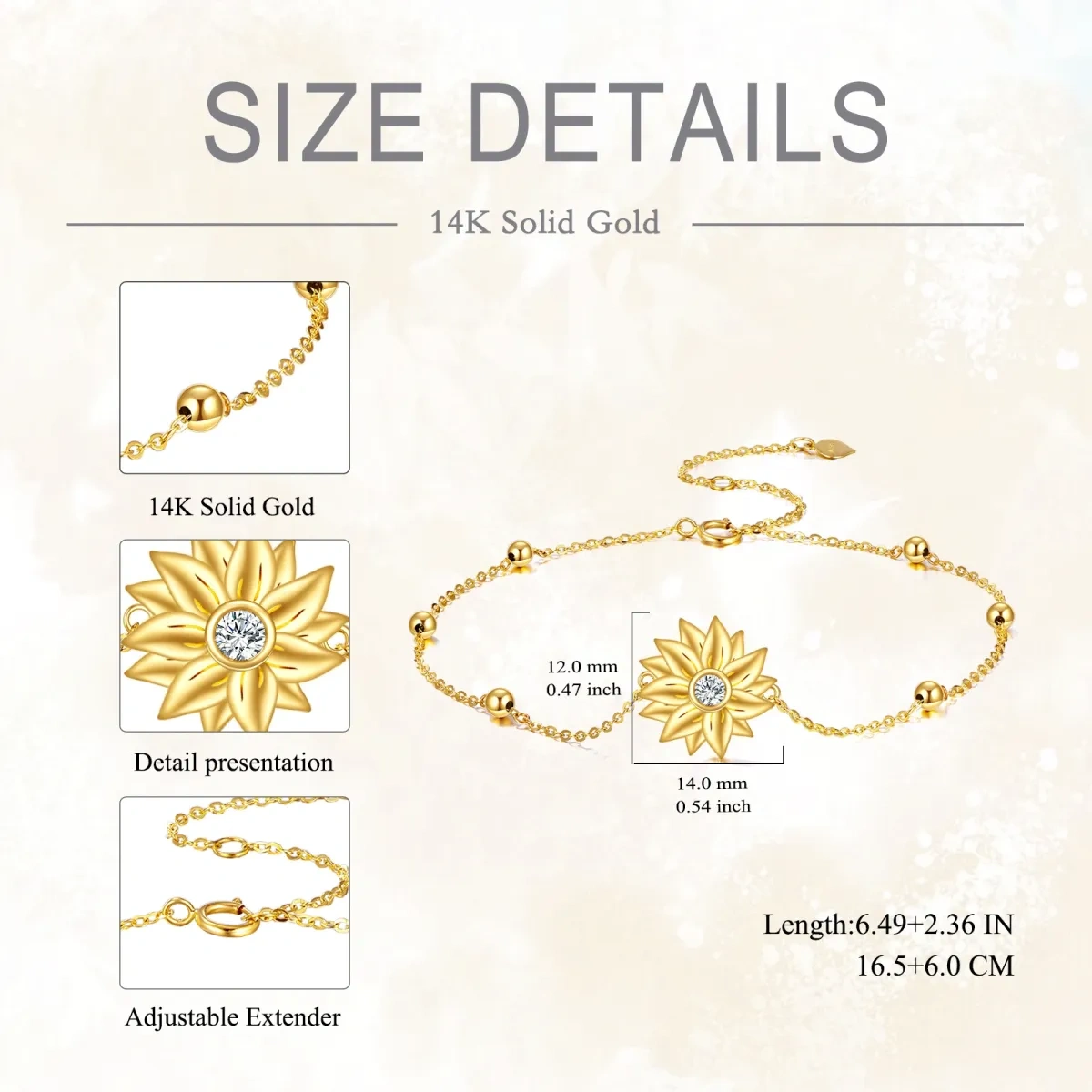 Pulsera Colgante Girasol Circonitas Oro 14K-5