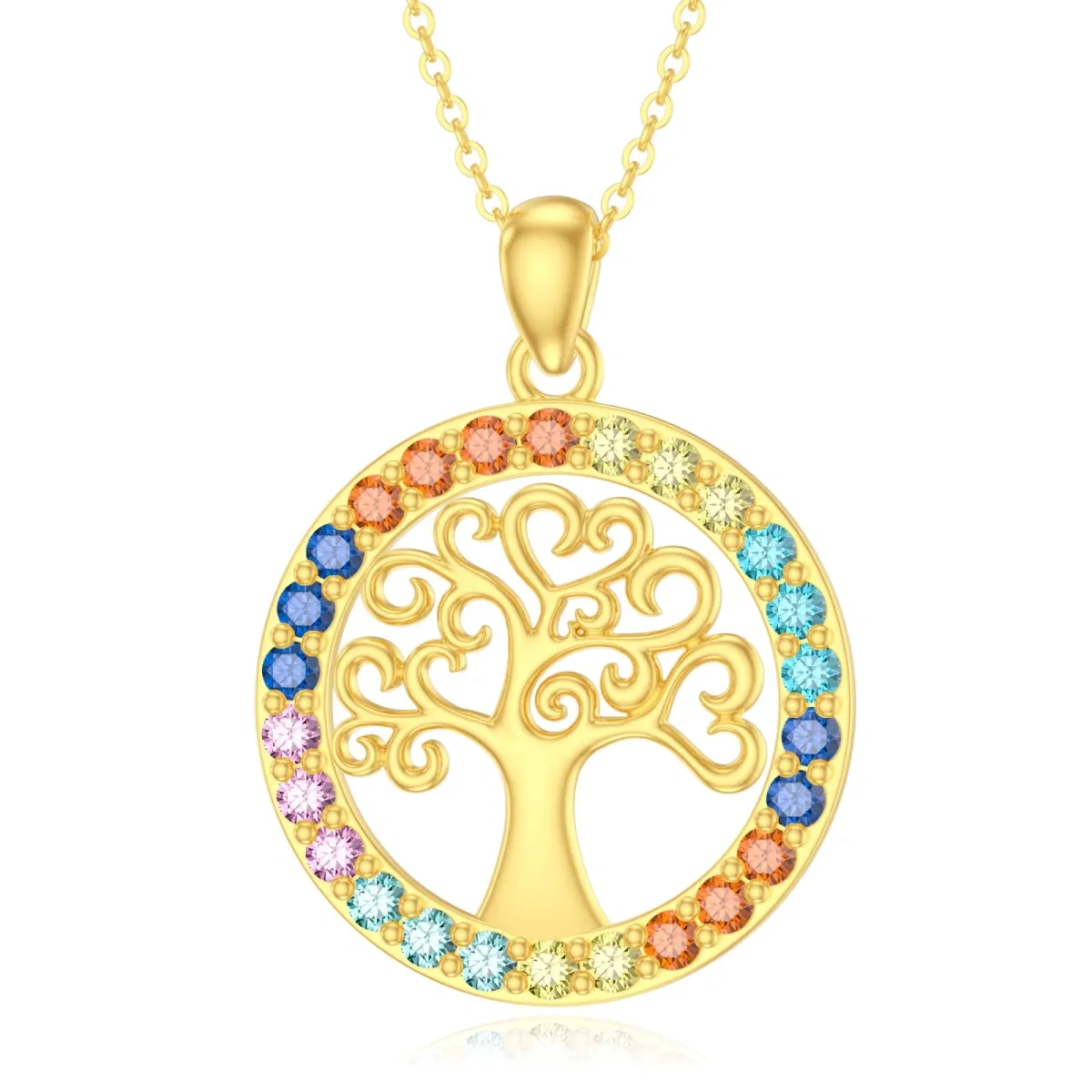 14K Gold Circular Shaped Zircon Tree Of Life & Chakras Pendant Necklace-1