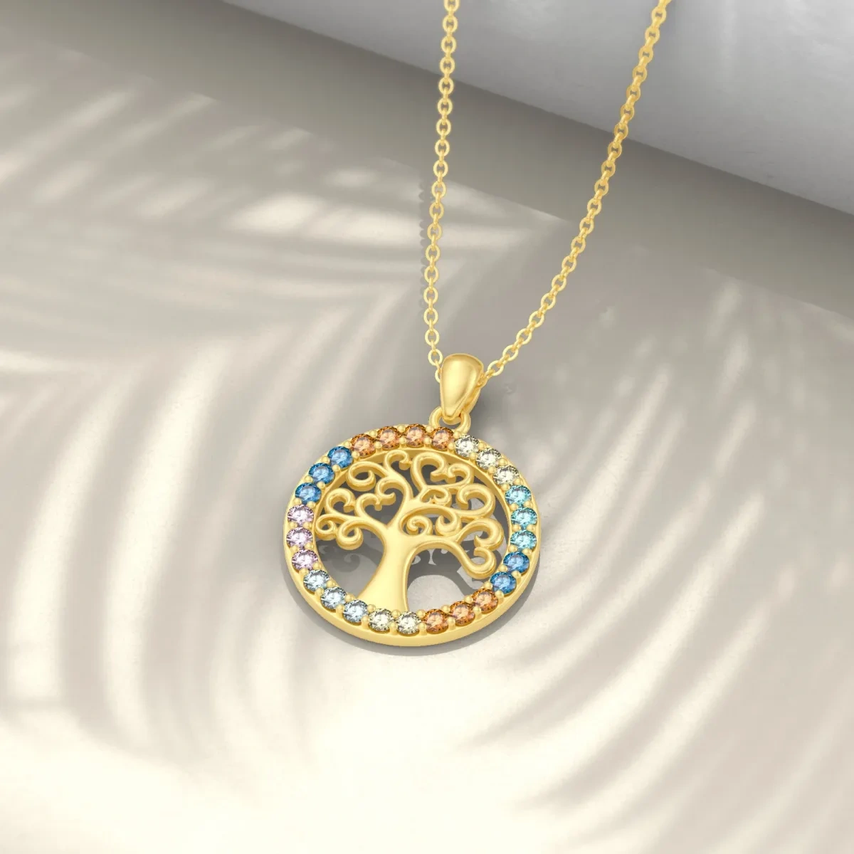 14K Gold Circular Shaped Zircon Tree Of Life & Chakras Pendant Necklace-3