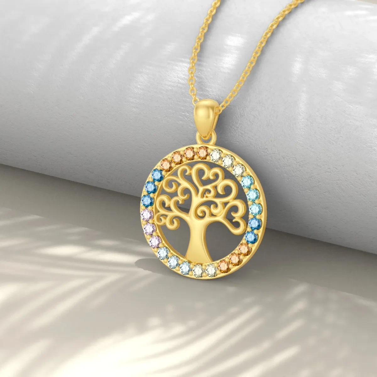 14K Gold Circular Shaped Zircon Tree Of Life & Chakras Pendant Necklace-4