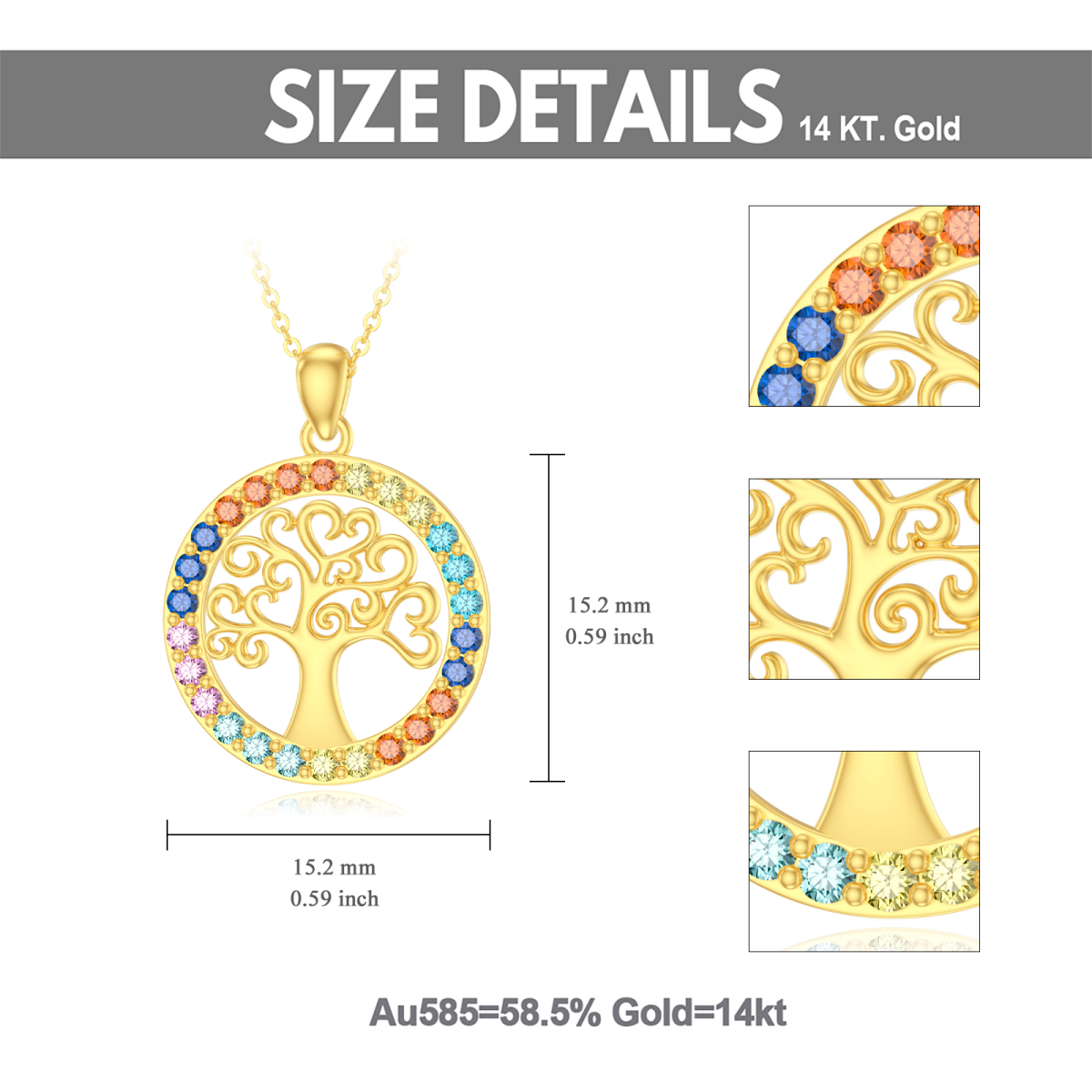 10K Gold Circular Shaped Zircon Tree Of Life & Chakras Pendant Necklace-5