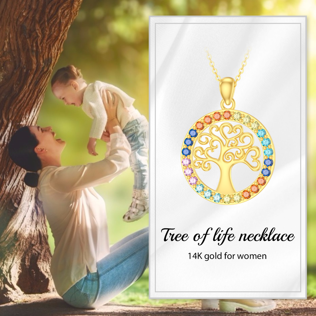 10K Gold Circular Shaped Zircon Tree Of Life & Chakras Pendant Necklace-6