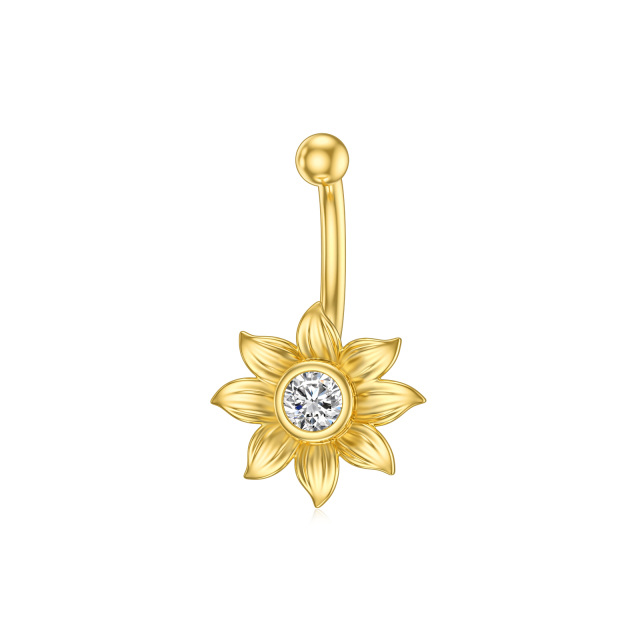 14K Gold Circular Cubic Zirconia Sunflower Belly Button Ring-1