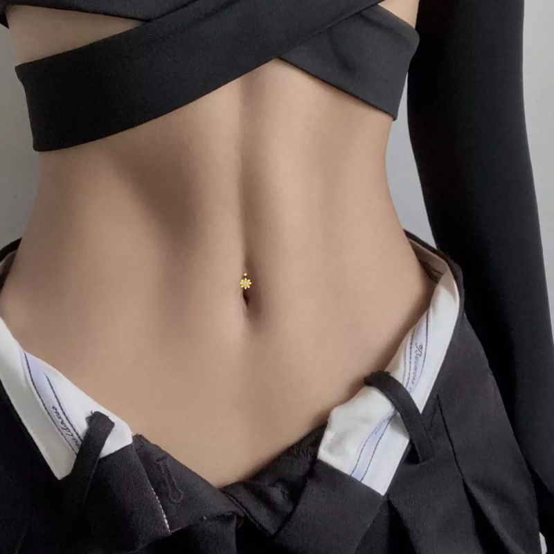 Bauchnabelring aus 10-karätigem Gold mit kreisförmigem Zirkonia in Sonnenblumenform-2