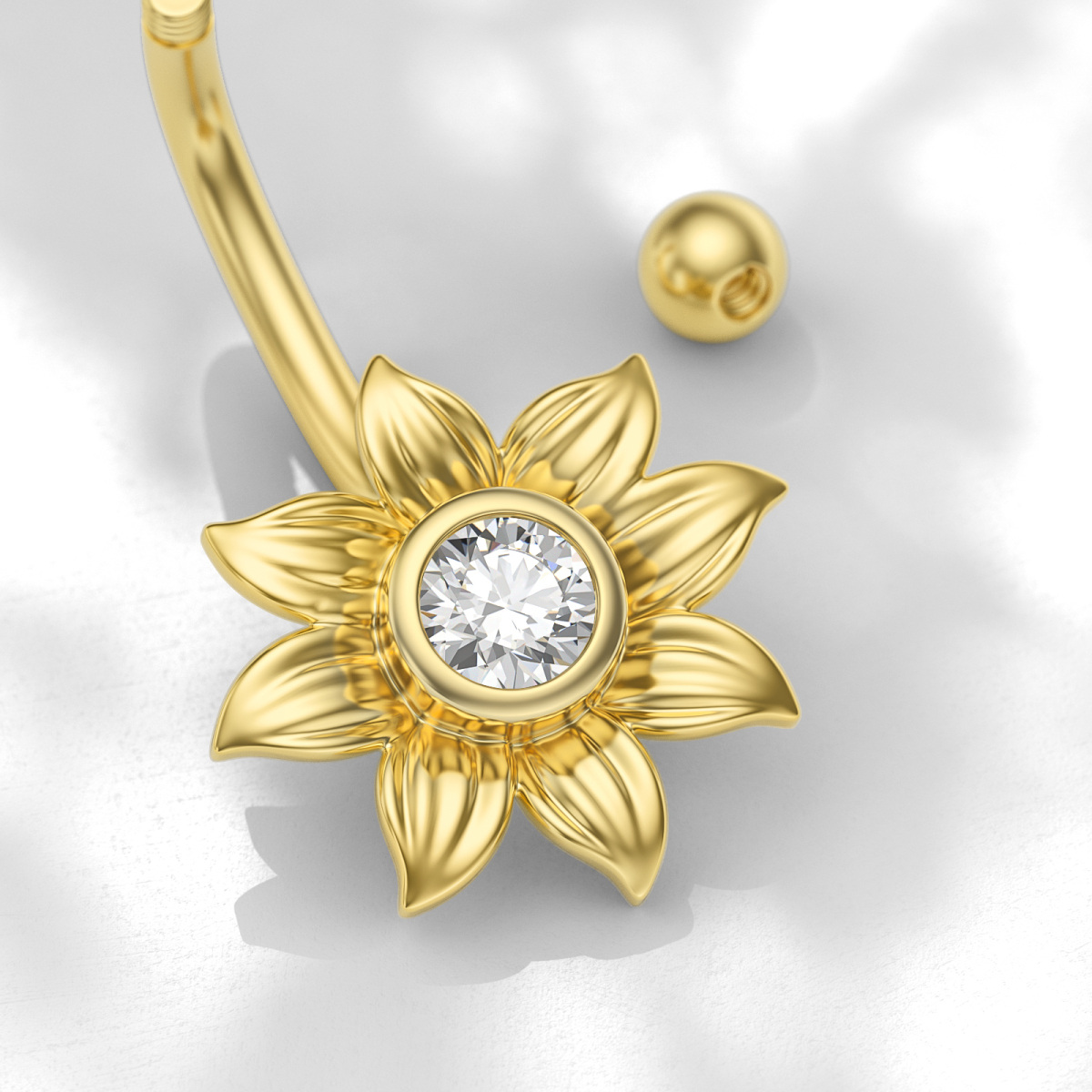 10K Gold Circular Cubic Zirconia Sunflower Belly Button Ring-3