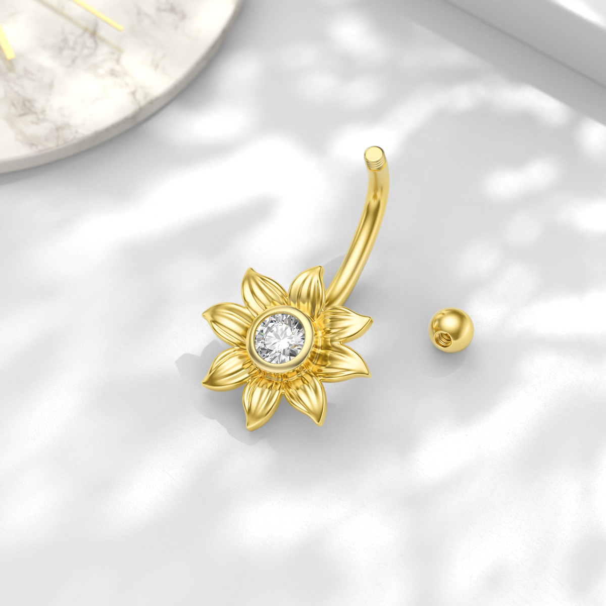 10K Gold Circular Cubic Zirconia Sunflower Belly Button Ring-4