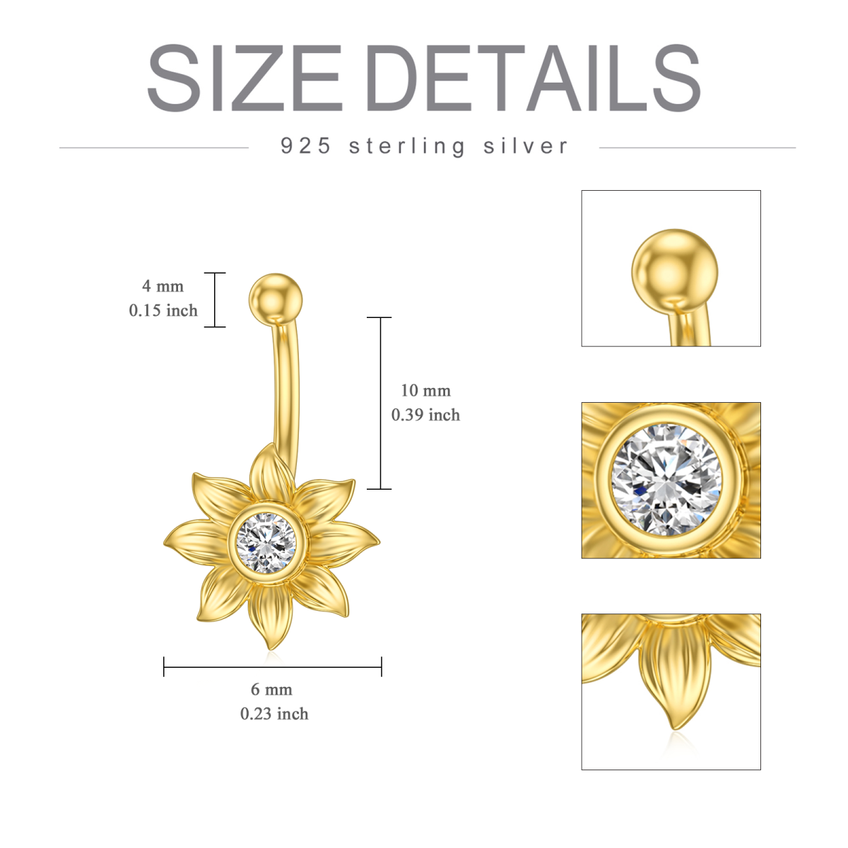 14K Gold Circular Cubic Zirconia Sunflower Belly Button Ring-5