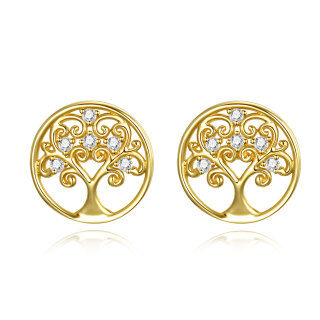 14K Gold Circular Cubic Zirconia Tree Of Life Stud Earrings-2